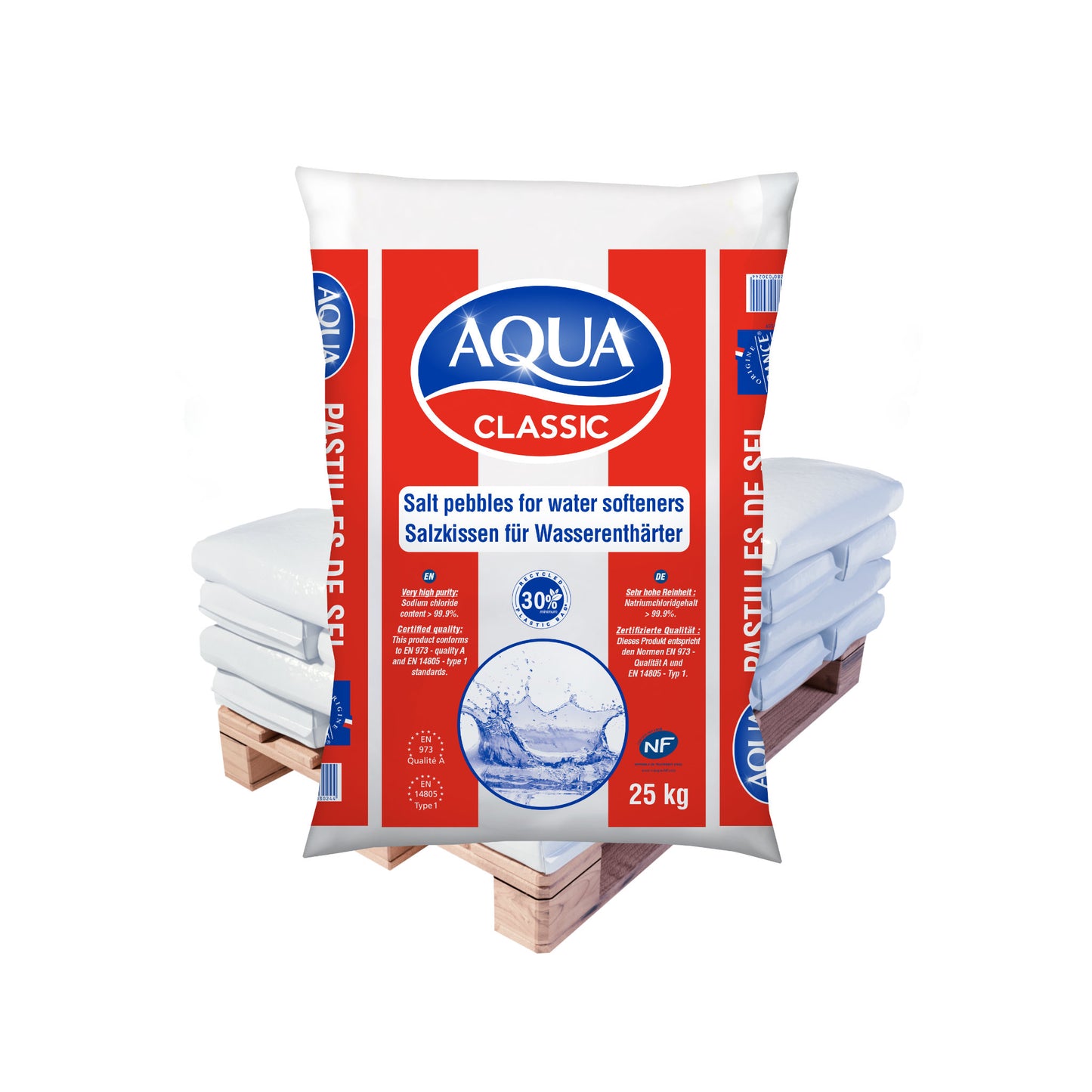 AQUA CLASSIC Regeneriersalz Kissen: 25kg Sack | Paletten (kostensparende Enthärtung)