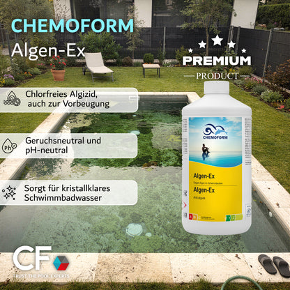 CHEMOFORM Algen-Ex – flüssiges Algenschutzmittel (Algizid) für Poolwasser: 1l | 3l | 5l