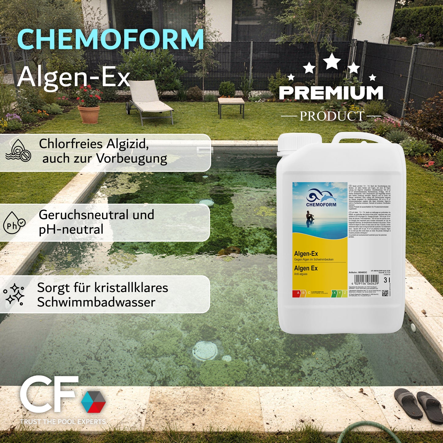 CHEMOFORM Algen-Ex – flüssiges Algenschutzmittel (Algizid) für Poolwasser: 1l | 3l | 5l