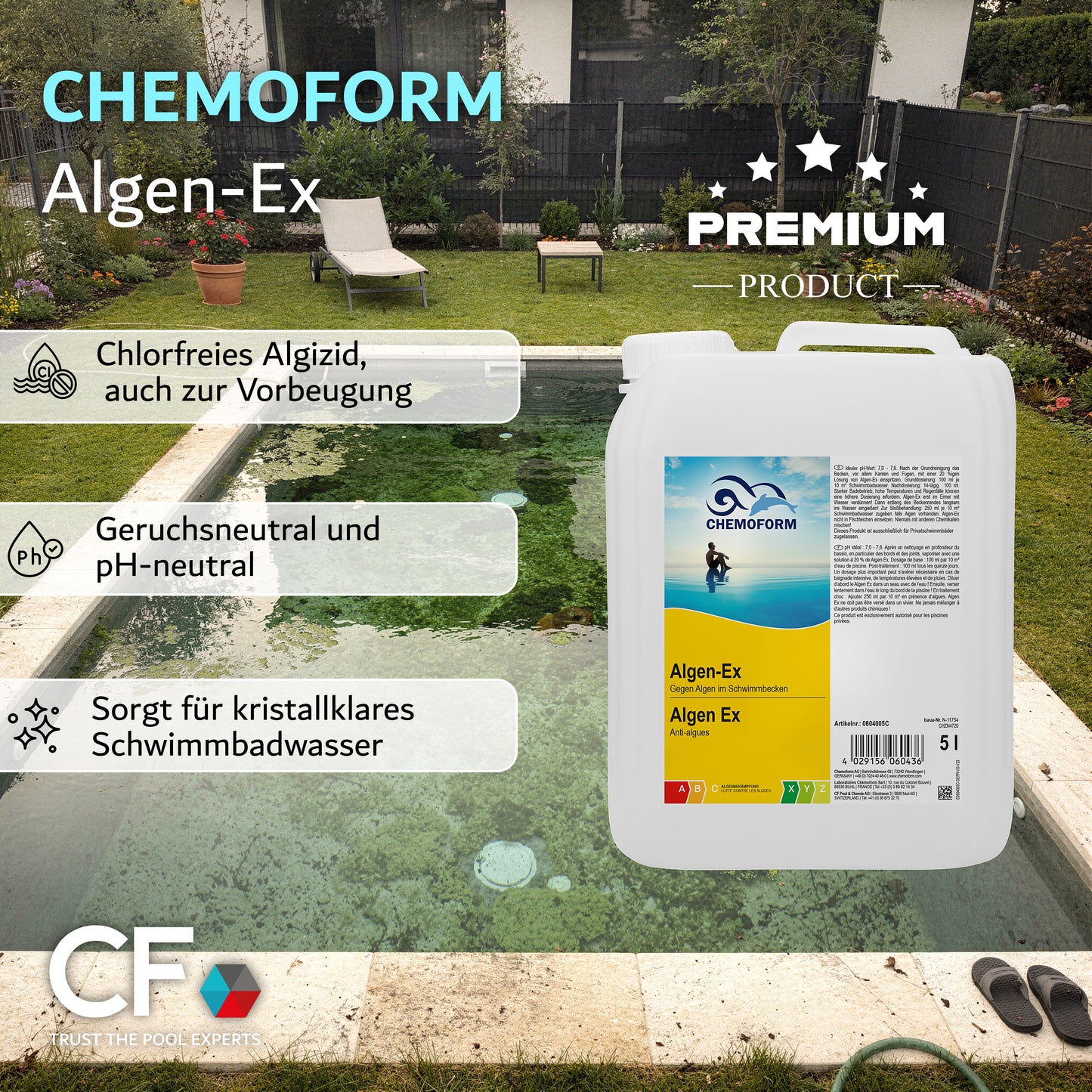CHEMOFORM Algen-Ex – flüssiges Algenschutzmittel (Algizid) für Poolwasser: 1l | 3l | 5l