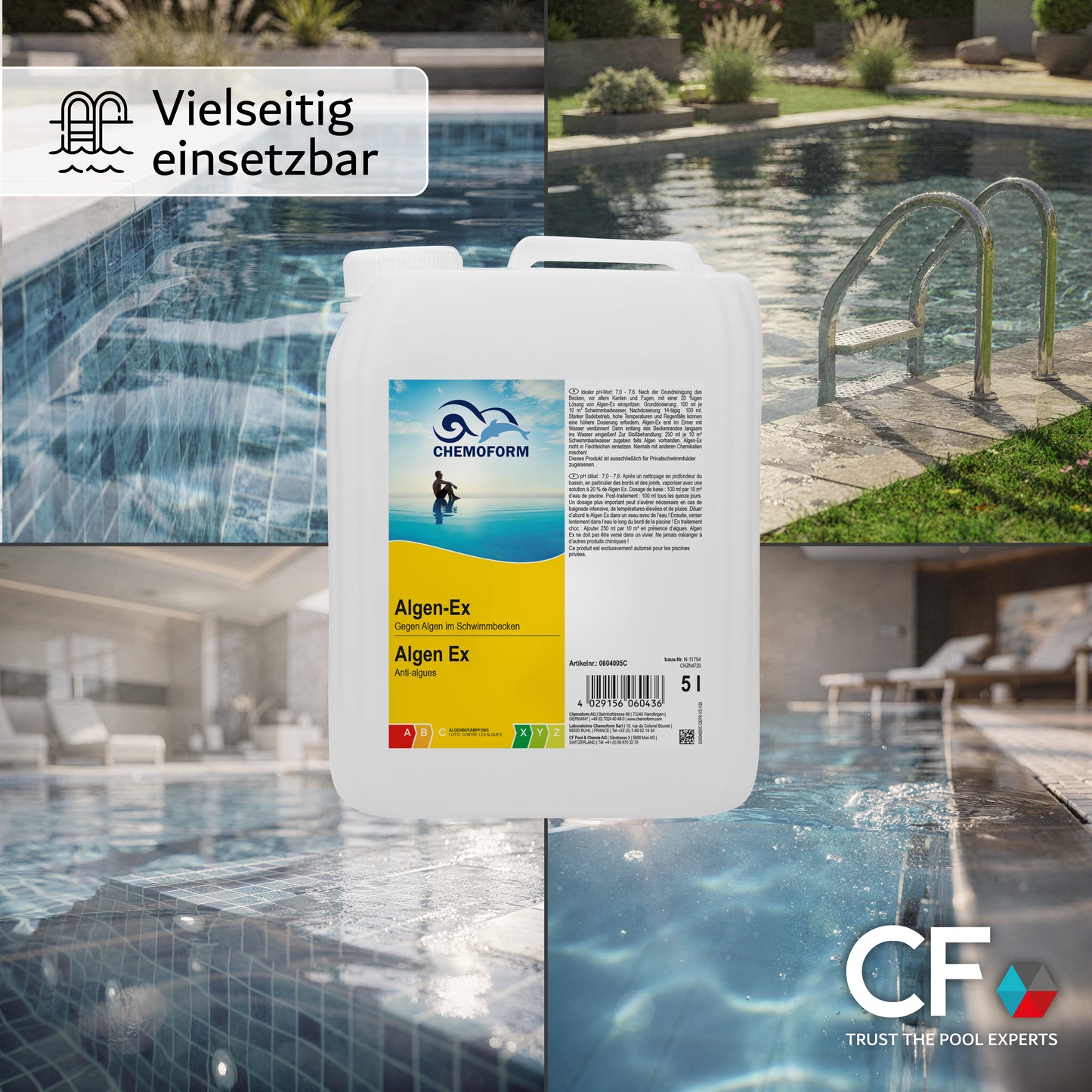 CHEMOFORM Algen-Ex – flüssiges Algenschutzmittel (Algizid) für Poolwasser: 1l | 3l | 5l