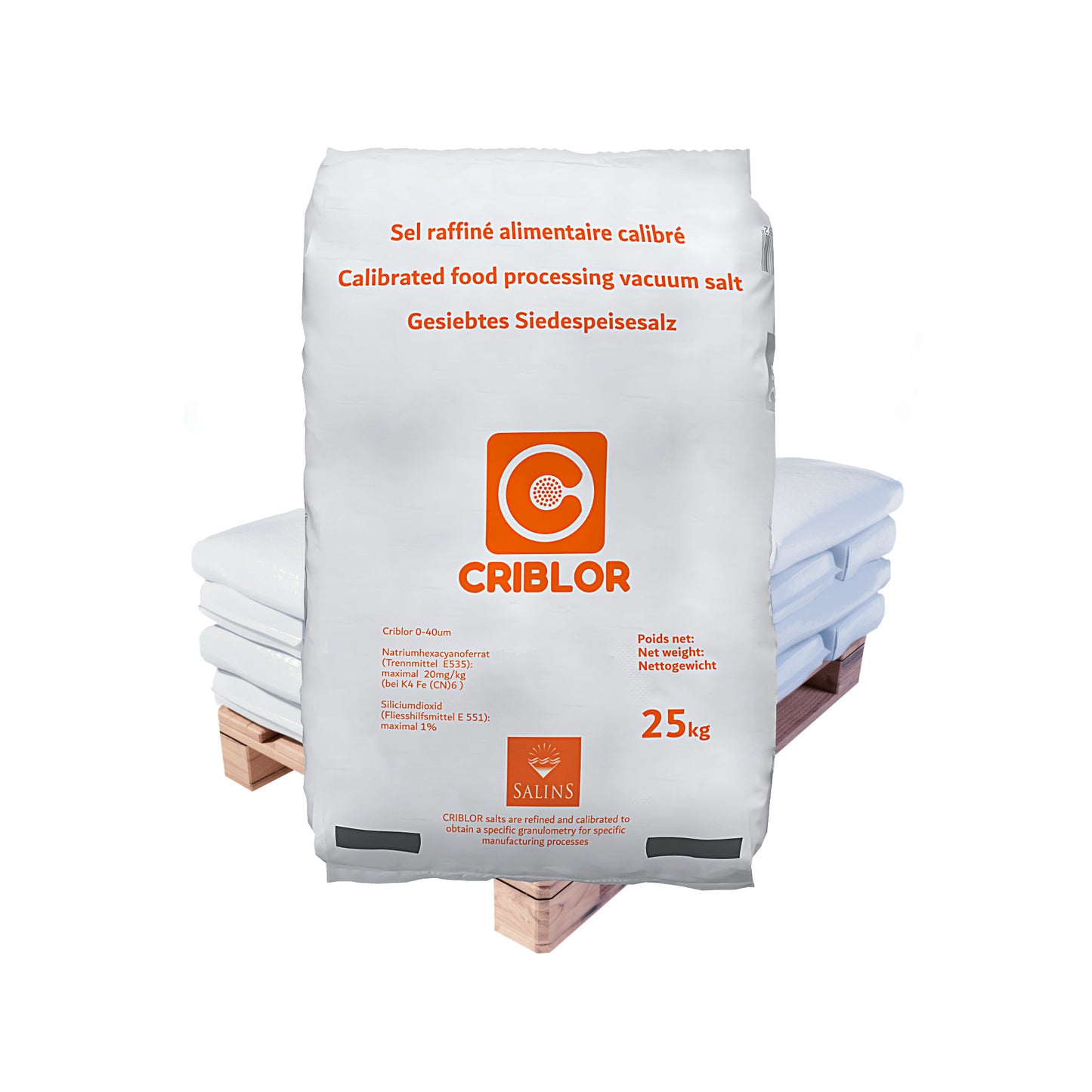 CRIBLOR kalibriertes Speisesalz – 40 µm: 25kg Sack | Palette