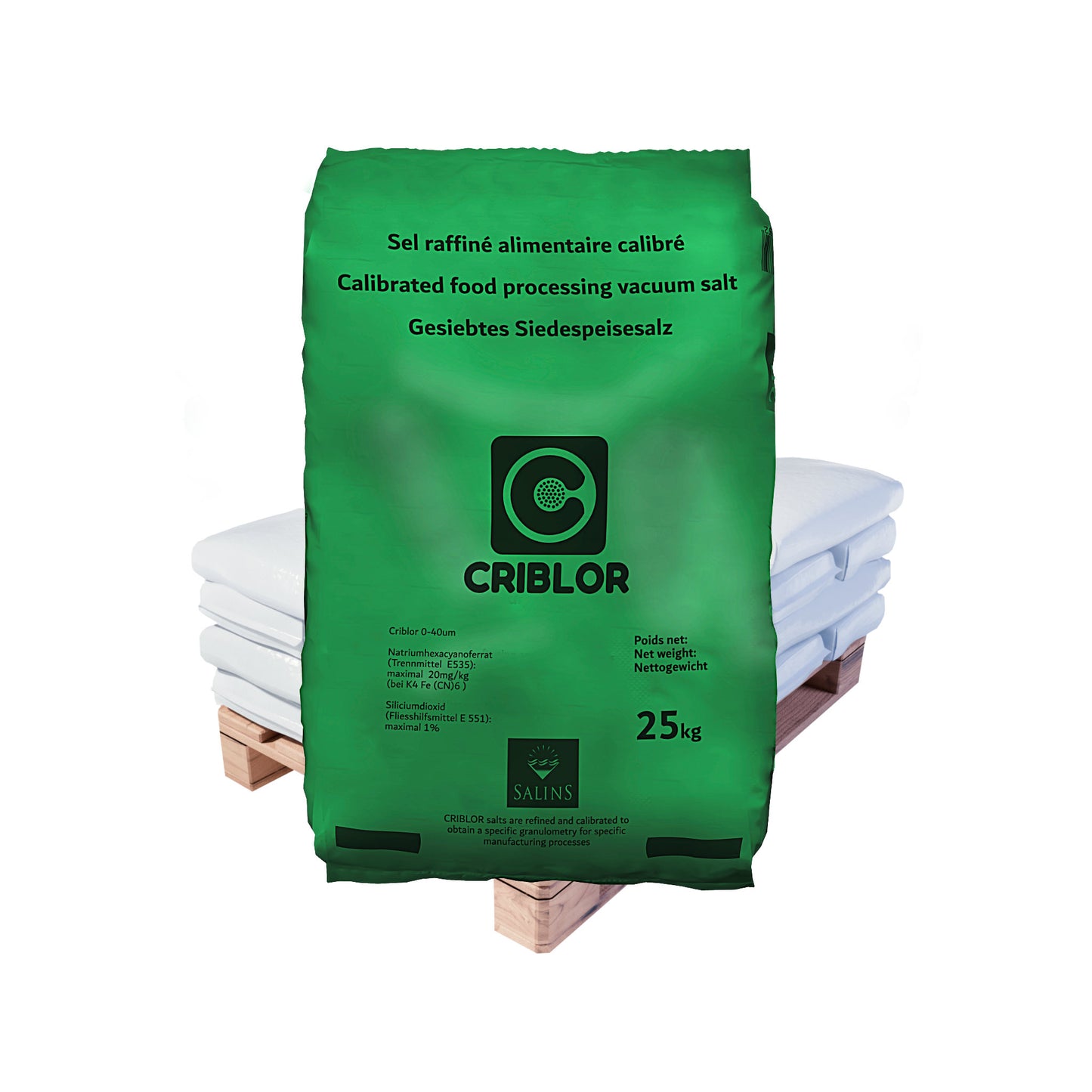 CRIBLOR kalibriertes Speisesalz – 170 µm: 25kg Sack | Palette