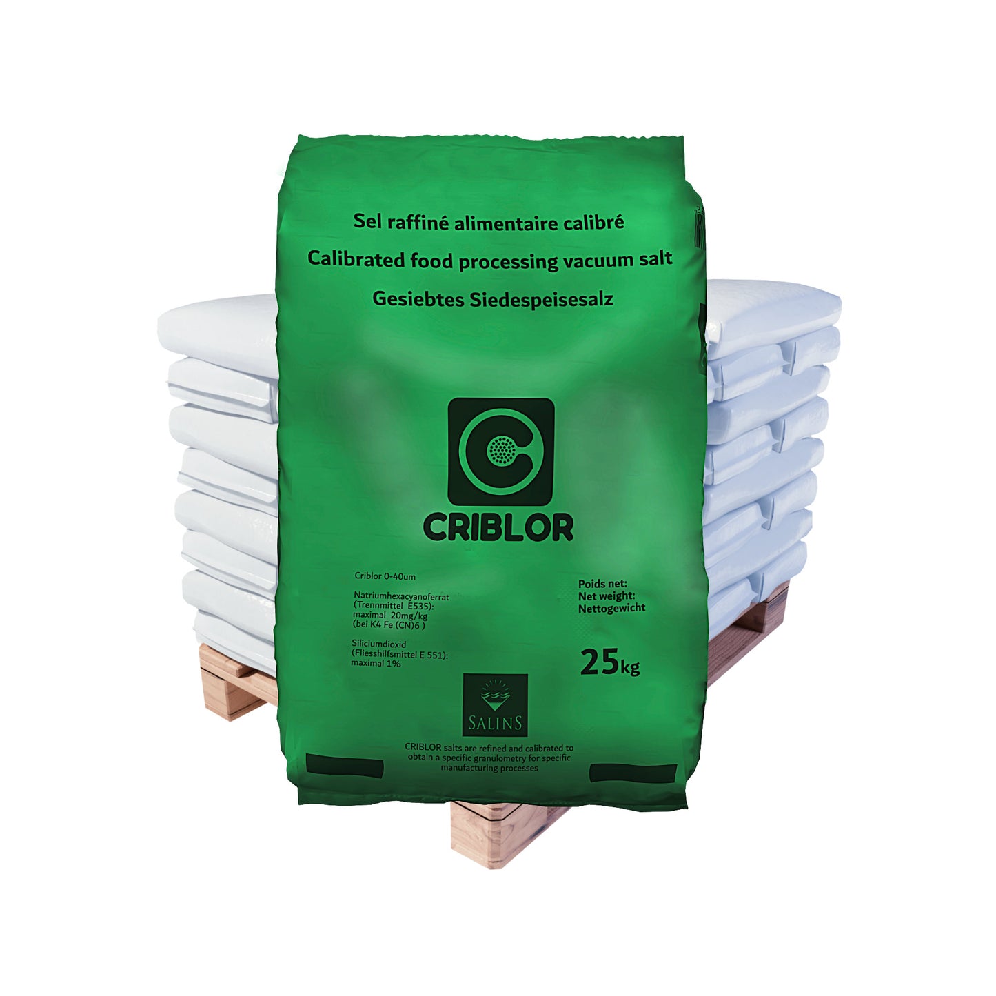 CRIBLOR kalibriertes Speisesalz – 170 µm: 25kg Sack | Palette