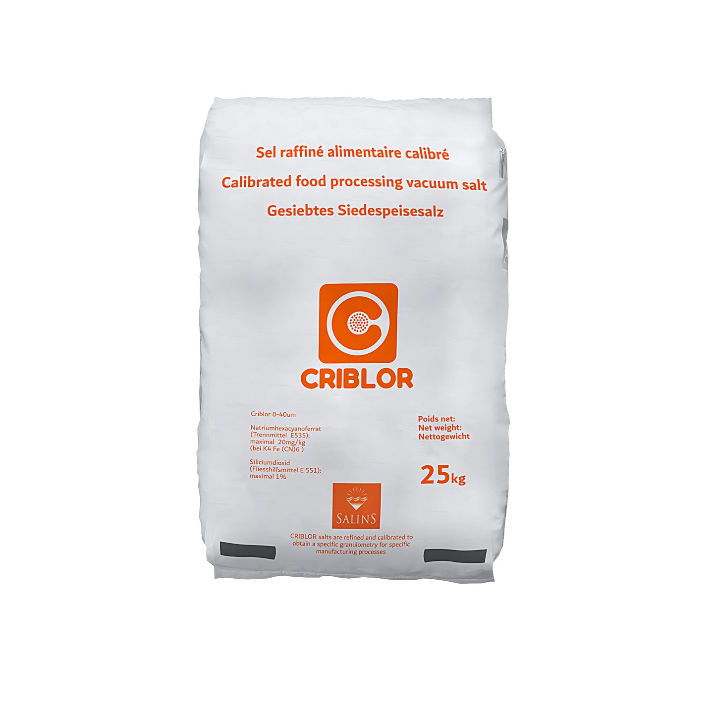 CRIBLOR kalibriertes Speisesalz – 40 µm: 25kg Sack | Palette
