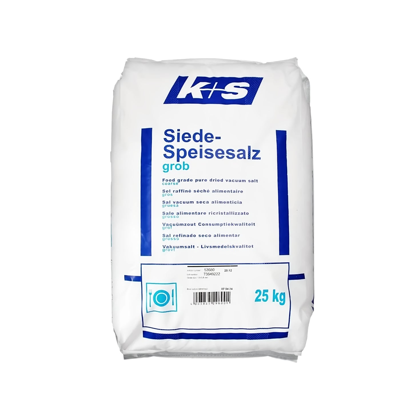 Siede-Speisesalz: grob 1,6-0,8mm - mit Trennmittel: 25kg Sack | Palette