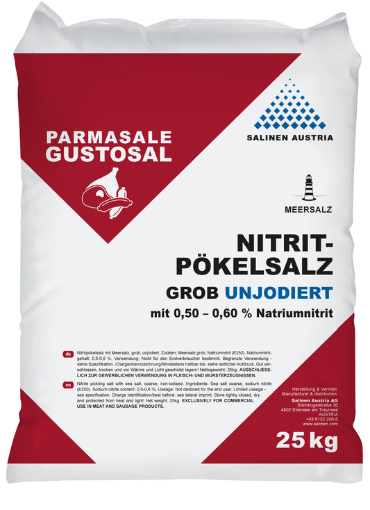 Parmasale-Nitritpökelsalz; Meersalz grob; unjodiert; 0,5 - 0,6% Nitrit; 25kg; Sack