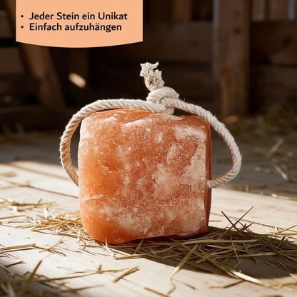 Kristallsteinsalz-Leckstein mit Kordel 2–2,5 kg – Naturbelassener Salzleckstein für Pferde